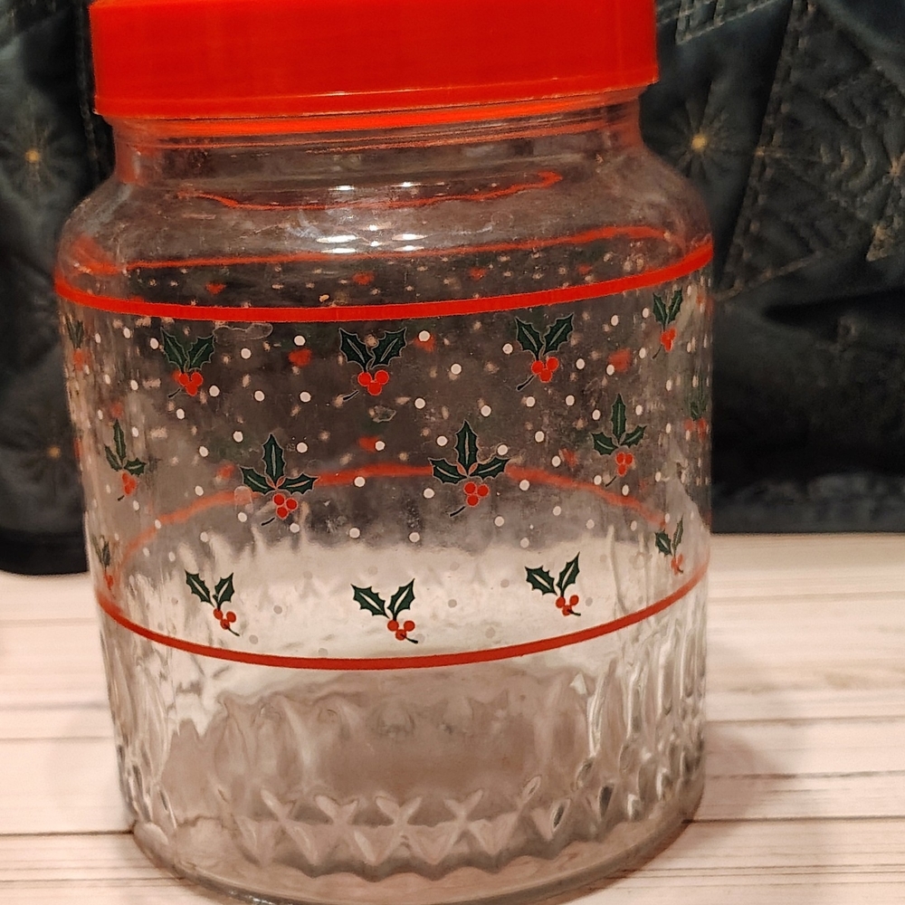 Vintage Christmas Glass Canister/Jar with Red Lid. Holly Berries